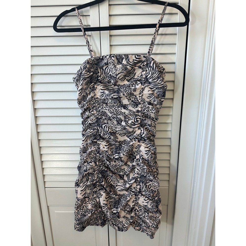 JOA Just One Answer Mixed Animal Print Ruched Mini Dress Tan Black XS BC8531